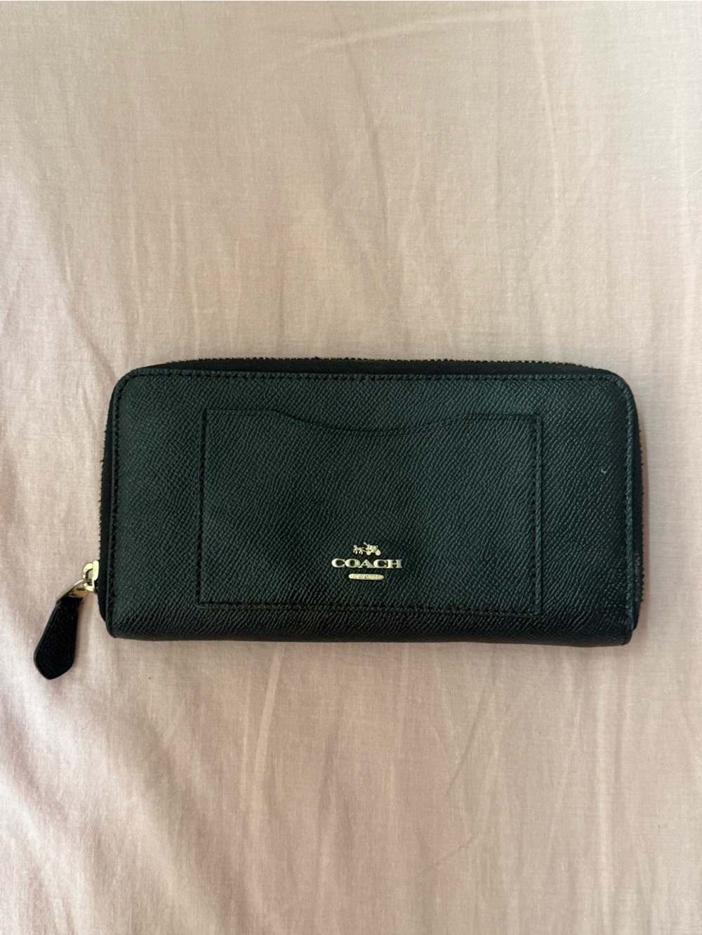 COACH Black Zip-Around Leather Card & Key Holder with Gold Logo